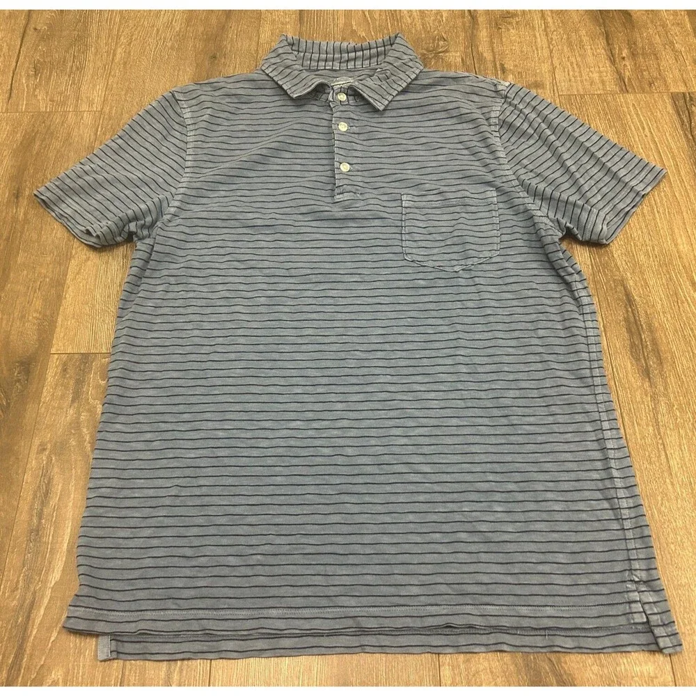 J Crew Garment Dyed Polo Shirt Mens Large Blue Black Striped Chest Pocket G4657